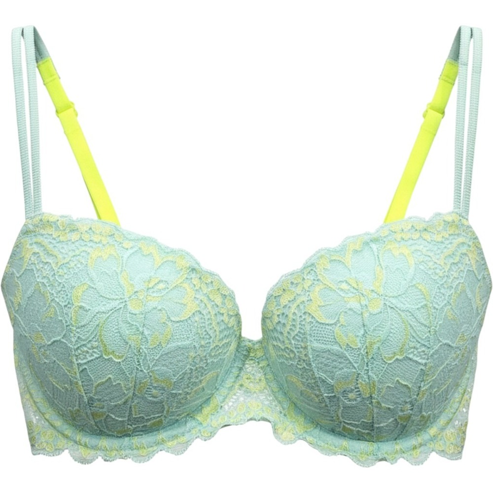 Victoria Secret Push Up Bra 32D Womens Multiway Teal Lace Neon Strap Padded